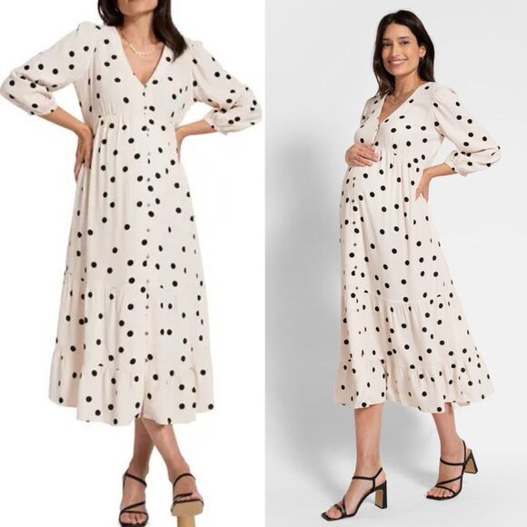 Seraphine Womens 14 Polka Dot Tiered Maternity Midi Dress Button Front Nursing - Picture 1 of 13